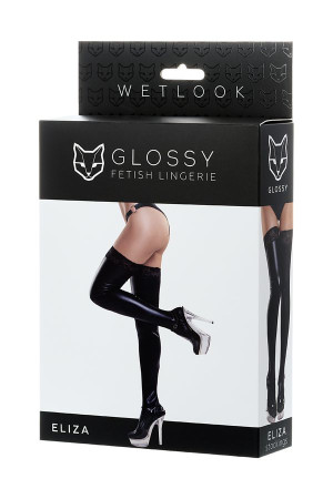 Чулки Glossy ELIZA из материала Wetlook со вставкой из кружева, черный, M